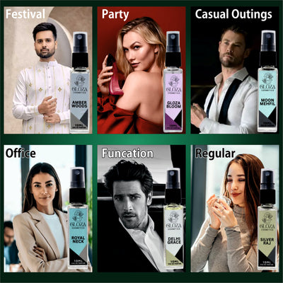 Luxury Long Lasting Unisex Perfume Gift Set | 6x10ml Perfume for Man & Woman Sweet, Premium Fragrance Scent | GLOZA BLOOM,MOON MEHFIL,AMBER WOODS,SILVER RAJ,ROYAL NACK,DHEHI GRACE | Gifts for Men and Women