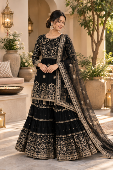GEORGETTE EMBROIDERED SEQUENCE WORK WITH FANCY TOP SHARARA DUPATTA SET