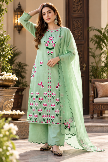 EMBROIDERED CHINE  STITCHED WORK WITH FANCY TOP-PLAZZO DUPATTA SET