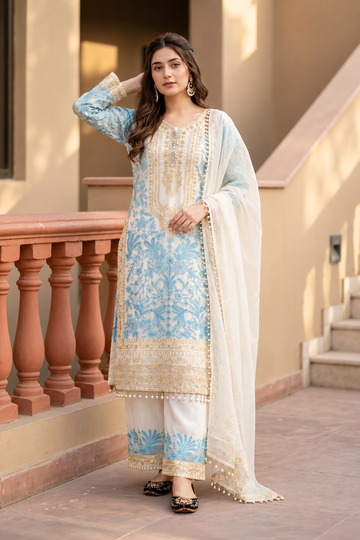 DIAMOND  GEORGETTE  EMBROIDERED SEQUENCE WORK WITH FANCY TOP-PLAZZO DUPATTA SET