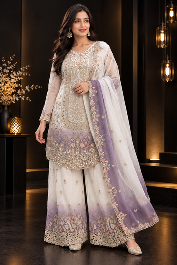 HEAVY DUAL TONE PEDING STAR GEORGETTE TOP PLAZZO & DUPATTA SET