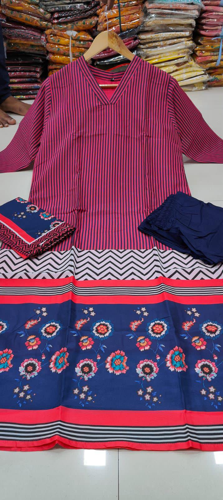 Kurti Suit Set  seems to be a party wear outfit made from maslin  fabric with Maslin  Duptta.(3-Pair)