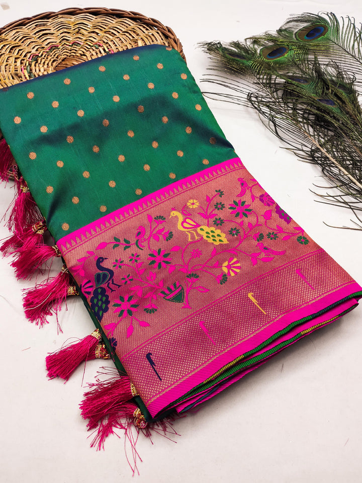 Soft Pethani silk saree with zari weaving design and Meenakari weaving Rich  pallu with Meenakari weaning turning peacock border & Tassels attached at Pallu end.