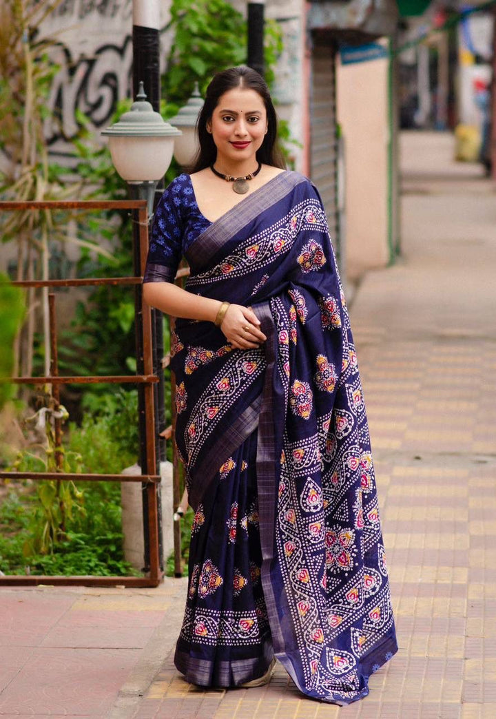 Soft Silk Slub Woven Saree With Batik Print Design.