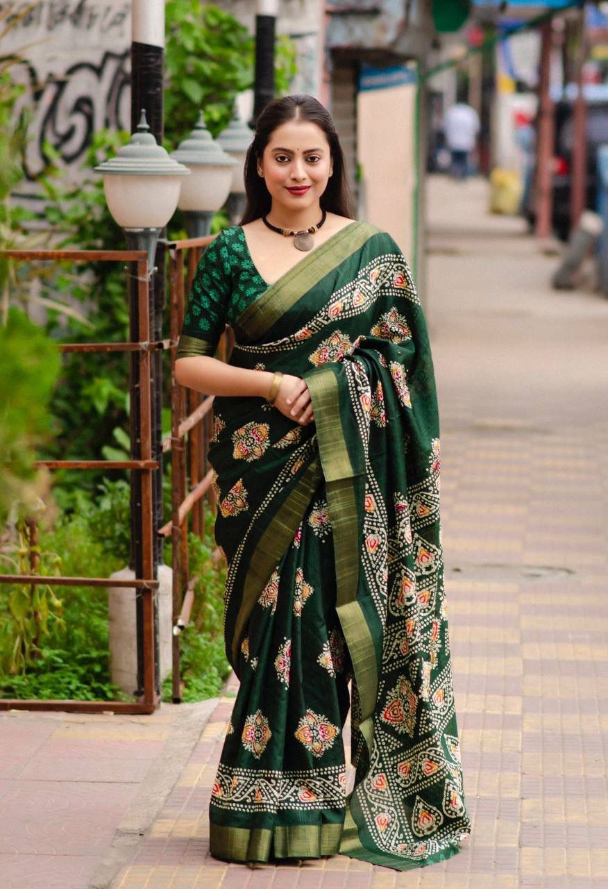 Soft Silk Slub Woven Saree With Batik Print Design.