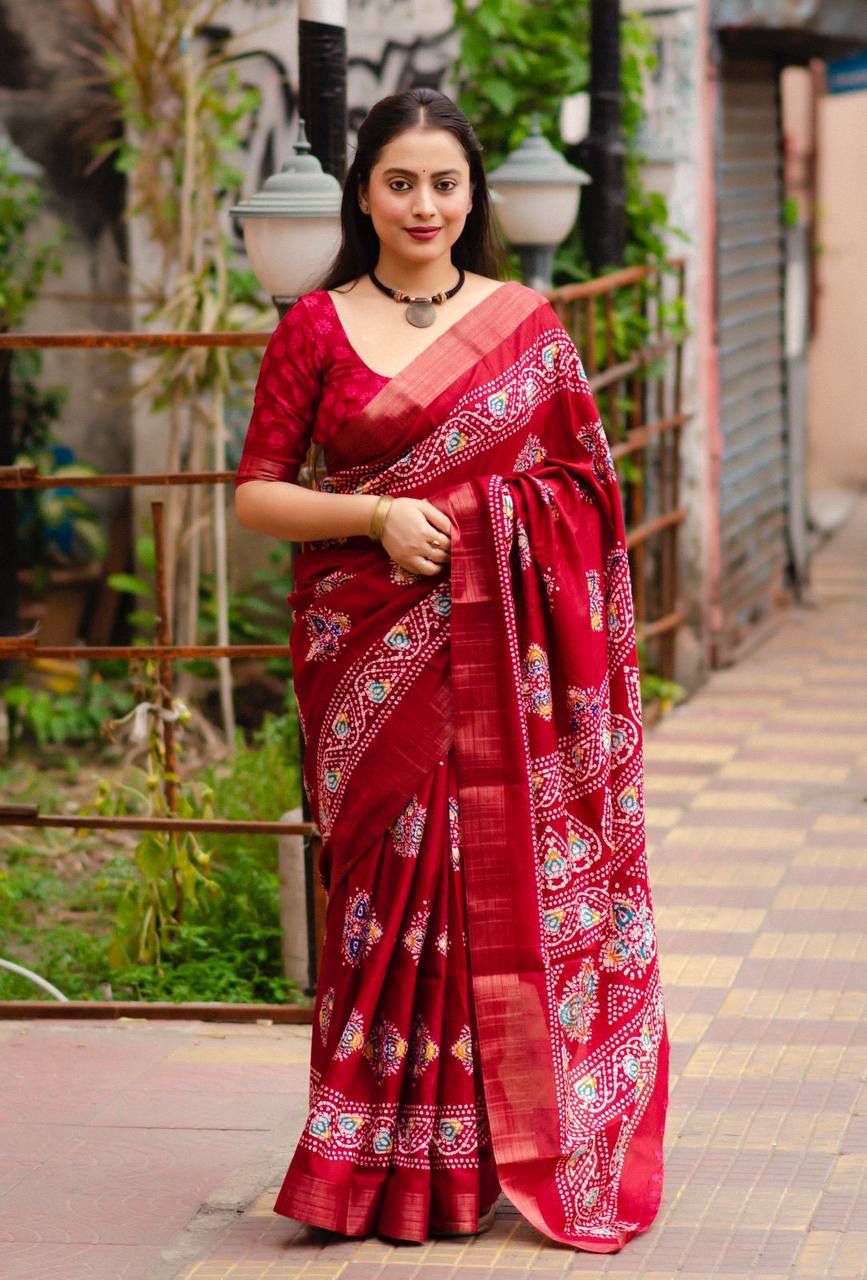 Soft Silk Slub Woven Saree With Batik Print Design.