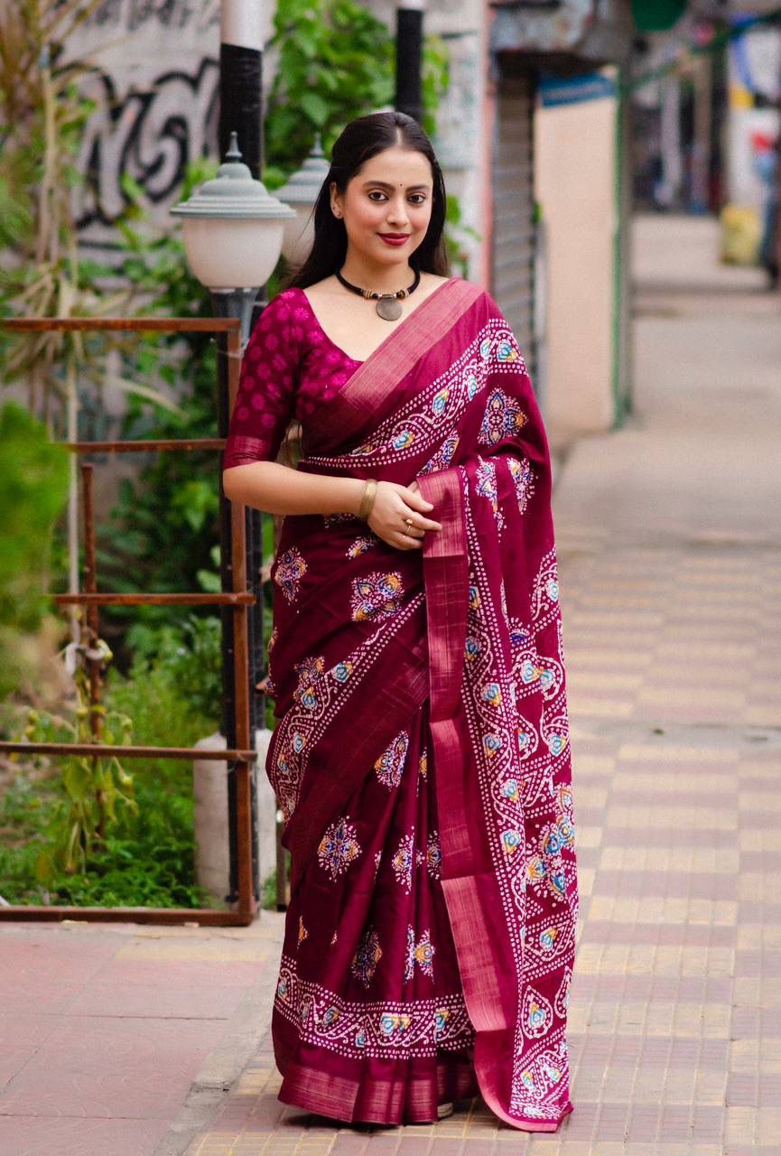 Soft Silk Slub Woven Saree With Batik Print Design.