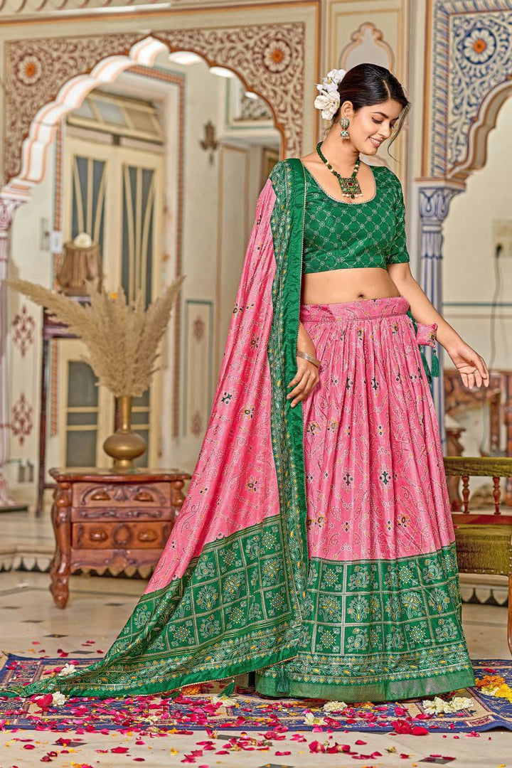 Embrace the elegance of Dola Silk, where tradition meets contemporary style in every printed lehenga chol