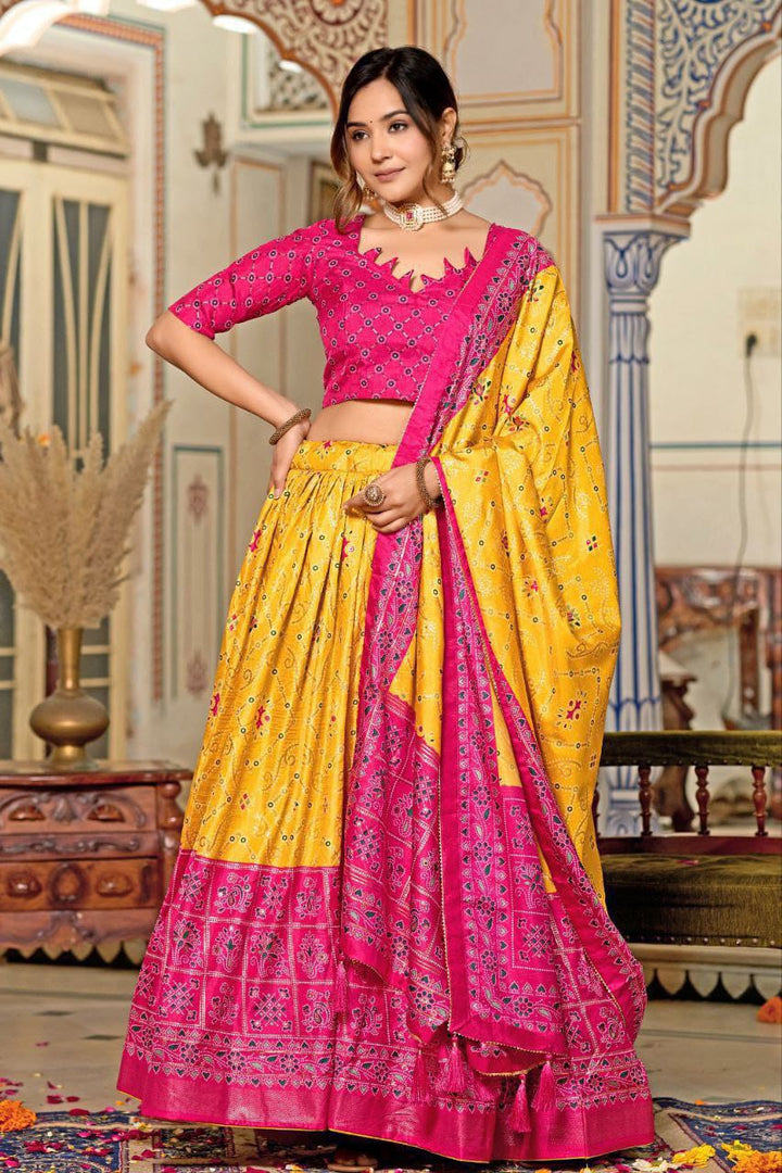 Embrace the elegance of Dola Silk, where tradition meets contemporary style in every printed lehenga chol