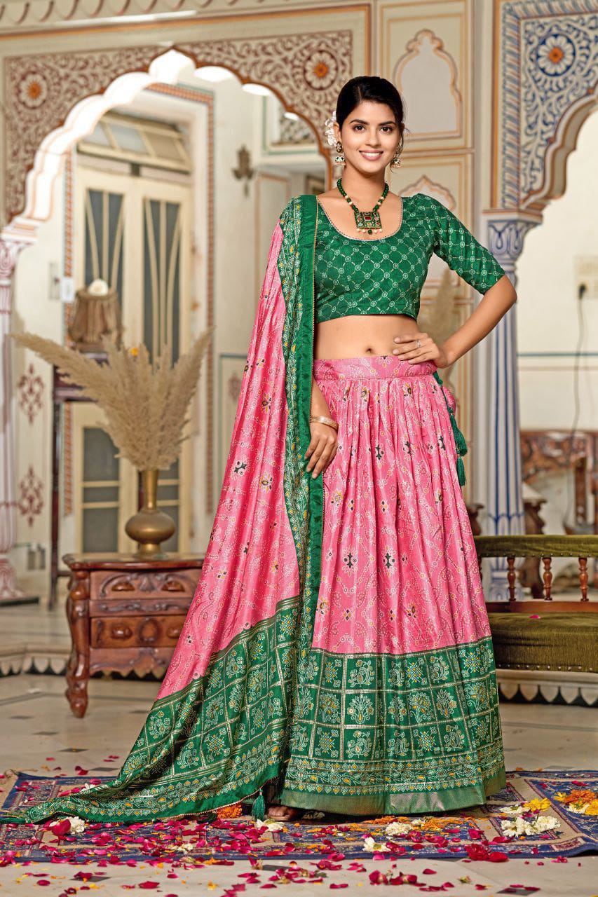 Embrace the elegance of Dola Silk, where tradition meets contemporary style in every printed lehenga chol