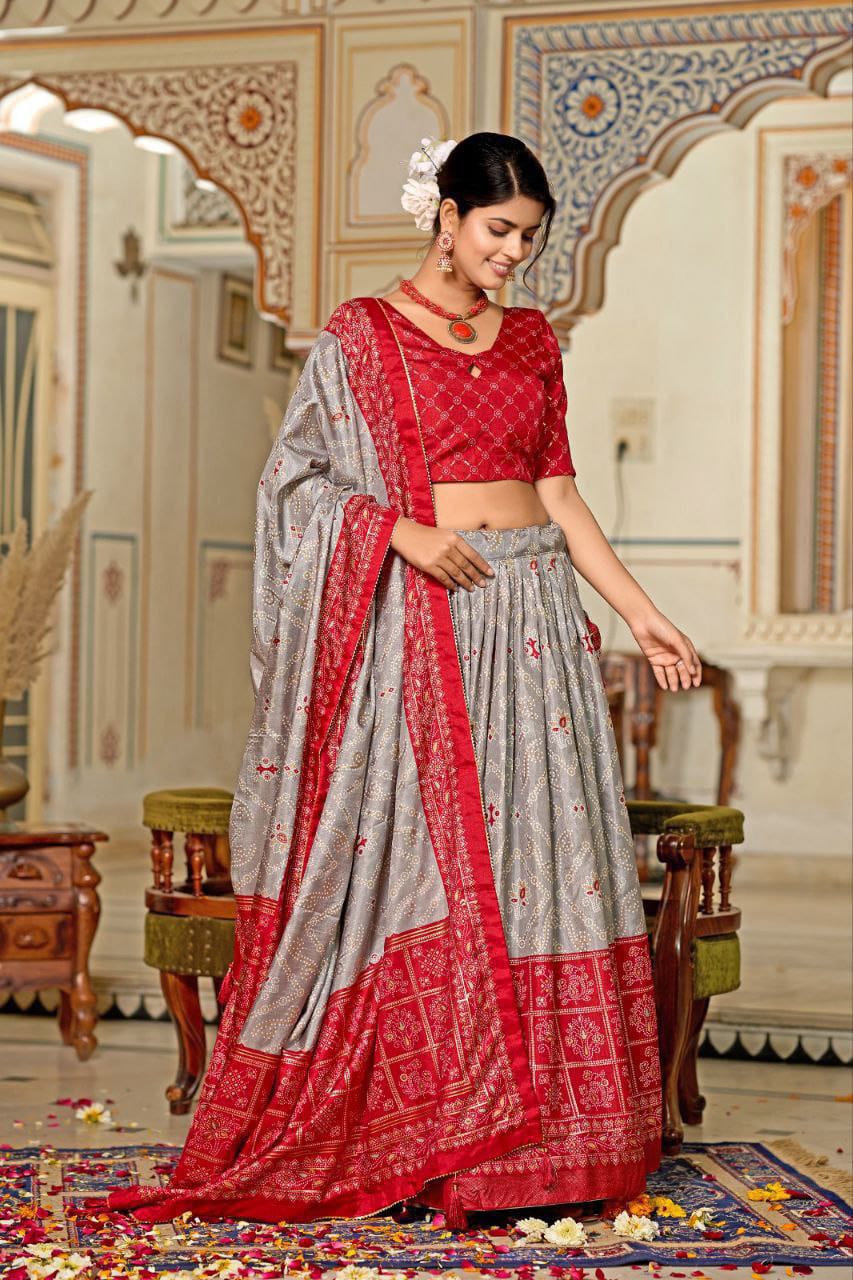 Embrace the elegance of Dola Silk, where tradition meets contemporary style in every printed lehenga chol