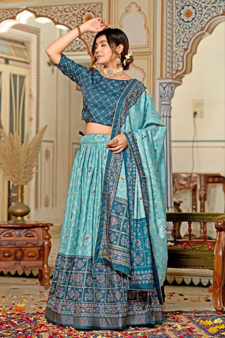 Embrace the elegance of Dola Silk, where tradition meets contemporary style in every printed lehenga chol