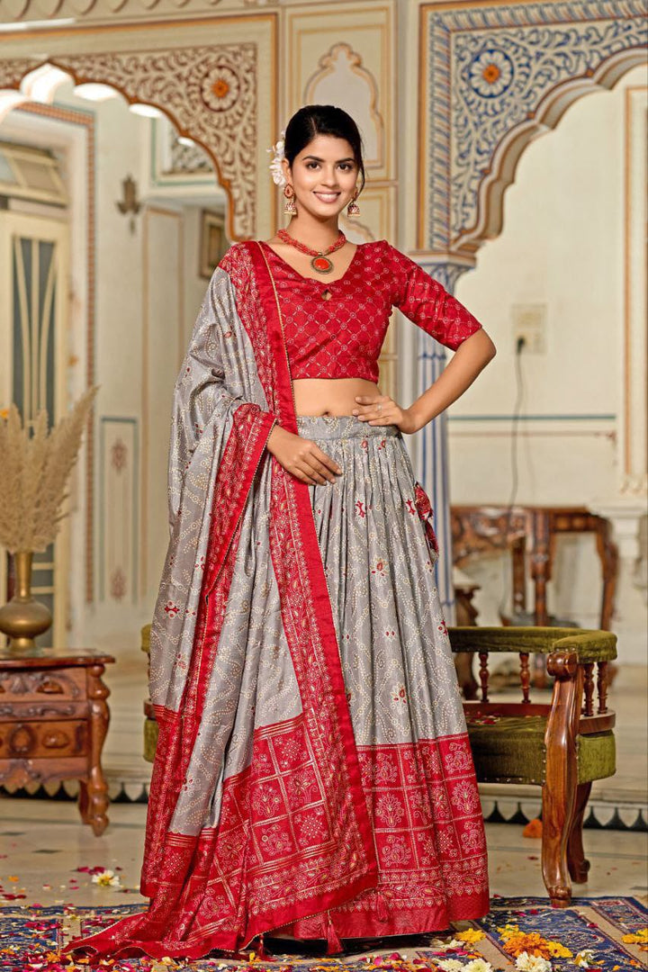 Embrace the elegance of Dola Silk, where tradition meets contemporary style in every printed lehenga chol