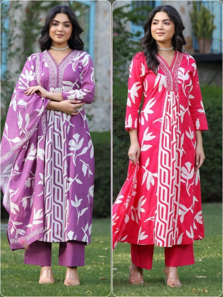 Anarkali kurta set with new style in sanganeri  print