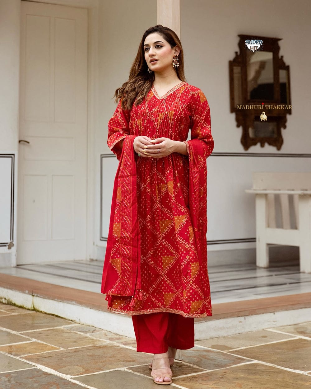 Red Cotton Suit with intricate embroidery and timeless Bandhani print