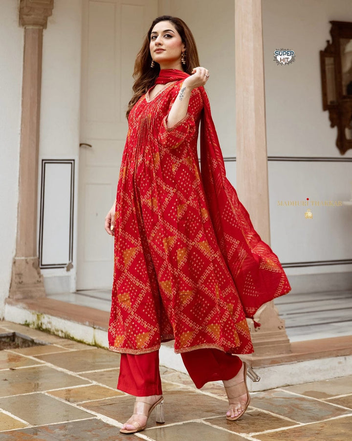 Red Cotton Suit with intricate embroidery and timeless Bandhani print