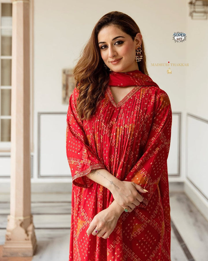 Red Cotton Suit with intricate embroidery and timeless Bandhani print