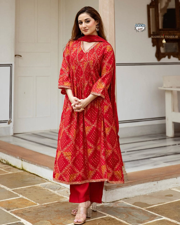 Red Cotton Suit with intricate embroidery and timeless Bandhani print