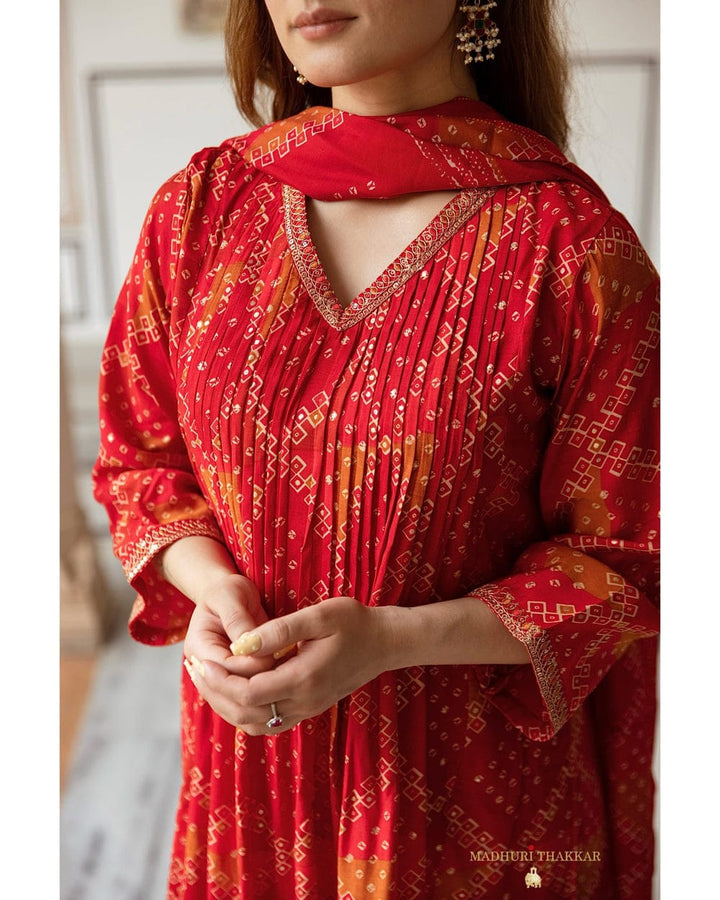 Red Cotton Suit with intricate embroidery and timeless Bandhani print