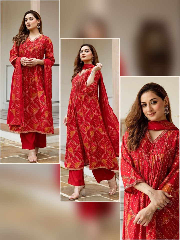 Red Cotton Suit with intricate embroidery and timeless Bandhani print