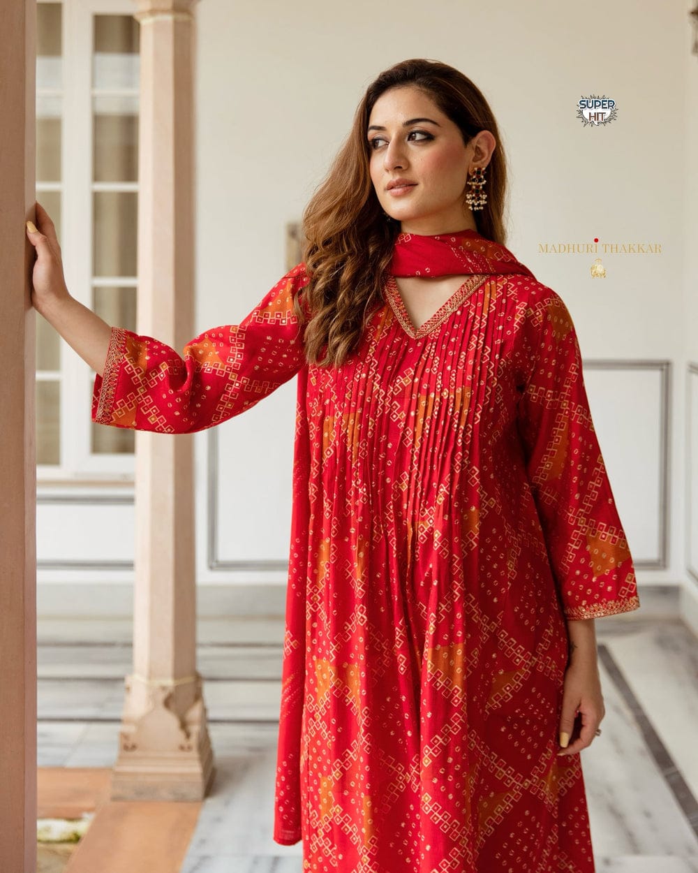 Red Cotton Suit with intricate embroidery and timeless Bandhani print