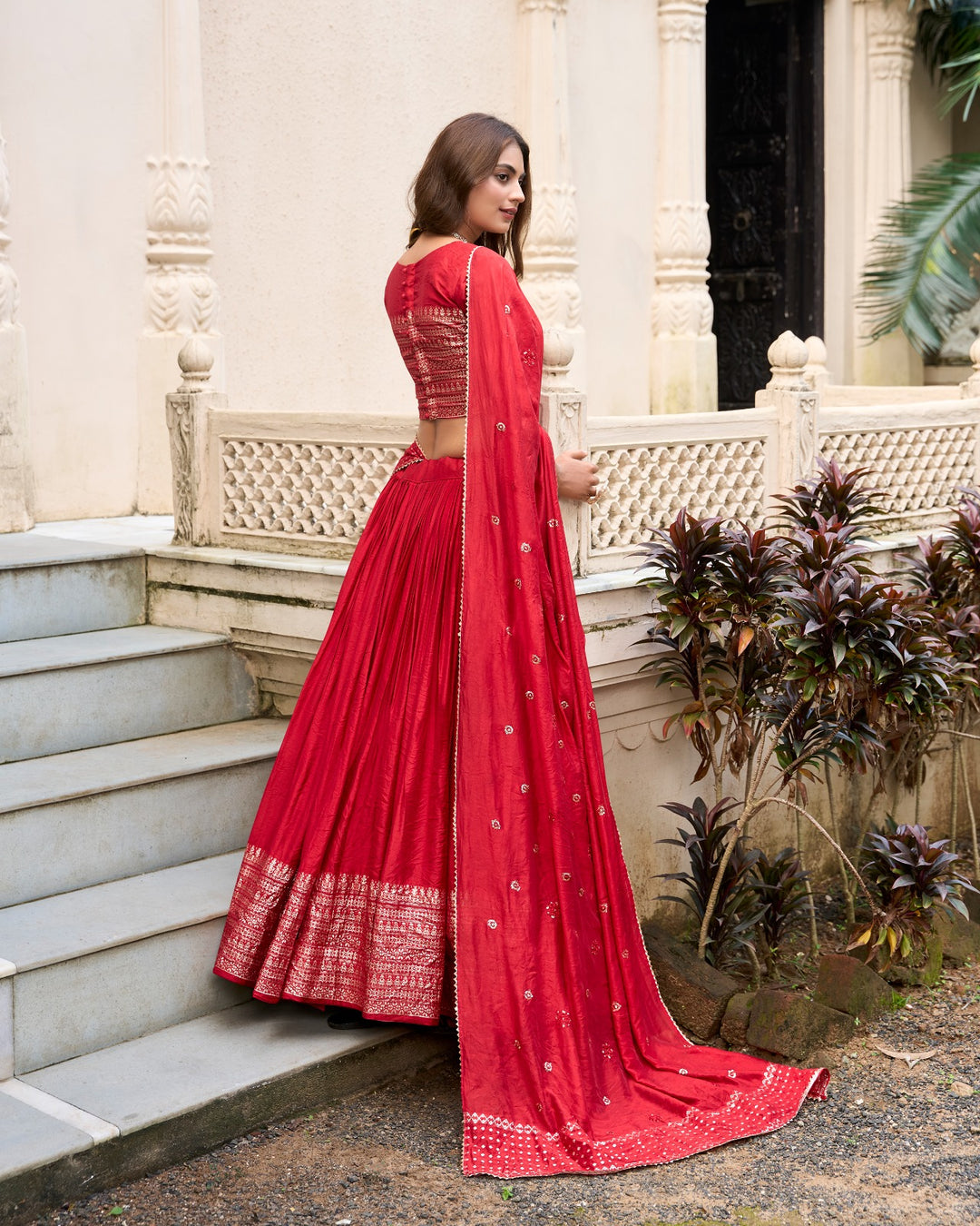 Pure Chanderi Plain Lehenga with Intricate Zari Work Border, Accompanied by Sequin Embellished Dupatta