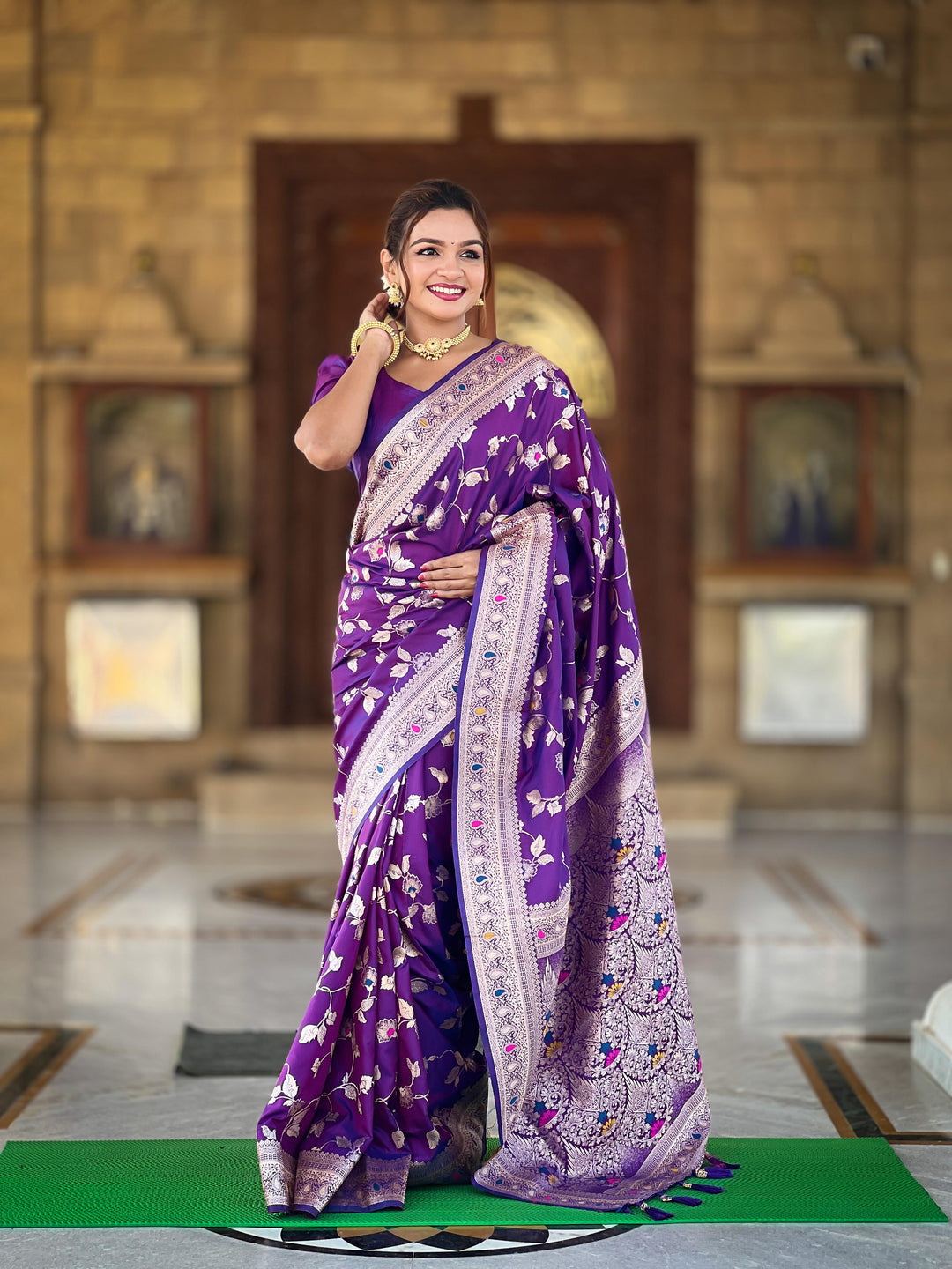 Soft Banarasi silk saree with zari weaving Meenakari touchup design all over the saree