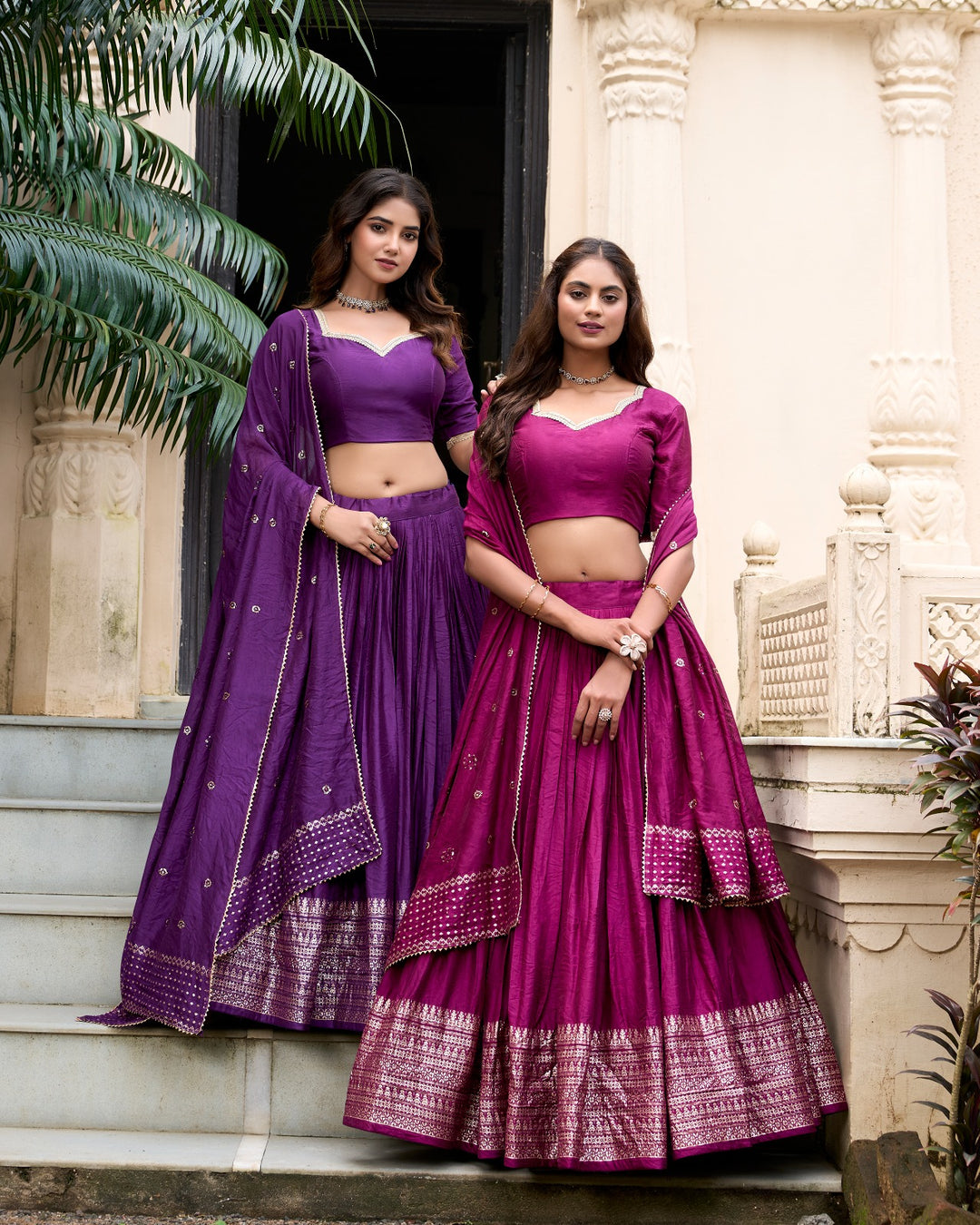 Pure Chanderi Plain Lehenga with Intricate Zari Work Border, Accompanied by Sequin Embellished Dupatta