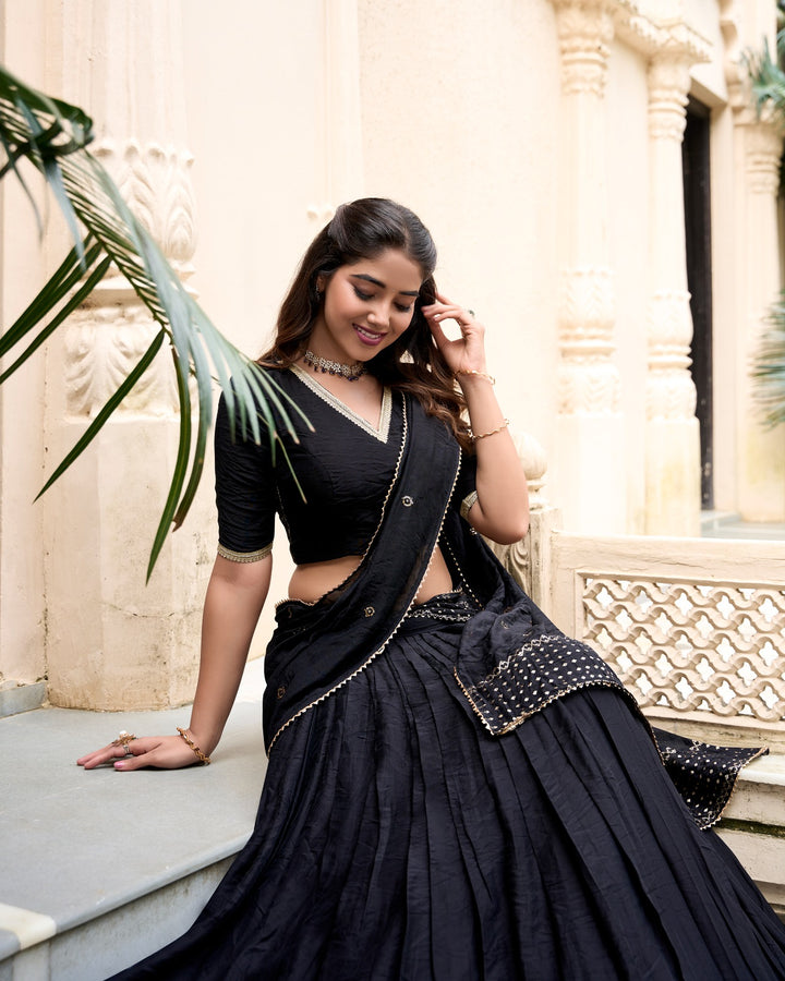 Pure Chanderi Plain Lehenga with Intricate Zari Work Border, Accompanied by Sequin Embellished Dupatta