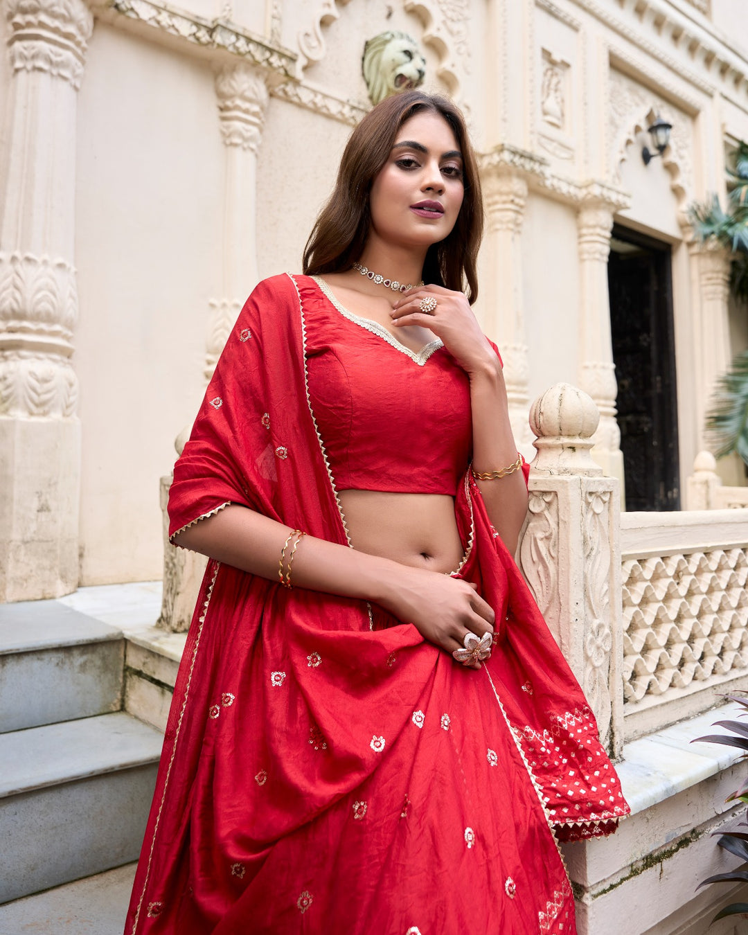 Pure Chanderi Plain Lehenga with Intricate Zari Work Border, Accompanied by Sequin Embellished Dupatta