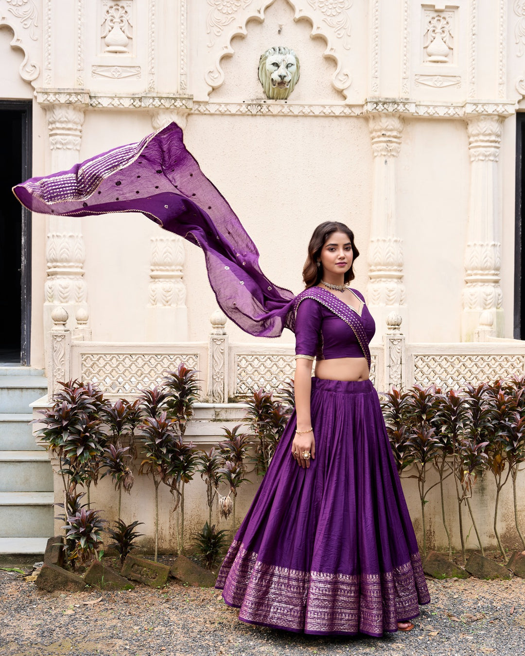 Pure Chanderi Plain Lehenga with Intricate Zari Work Border, Accompanied by Sequin Embellished Dupatta