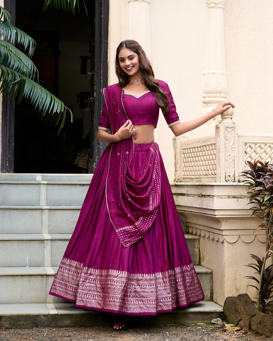 Pure Chanderi Plain Lehenga with Intricate Zari Work Border, Accompanied by Sequin Embellished Dupatta