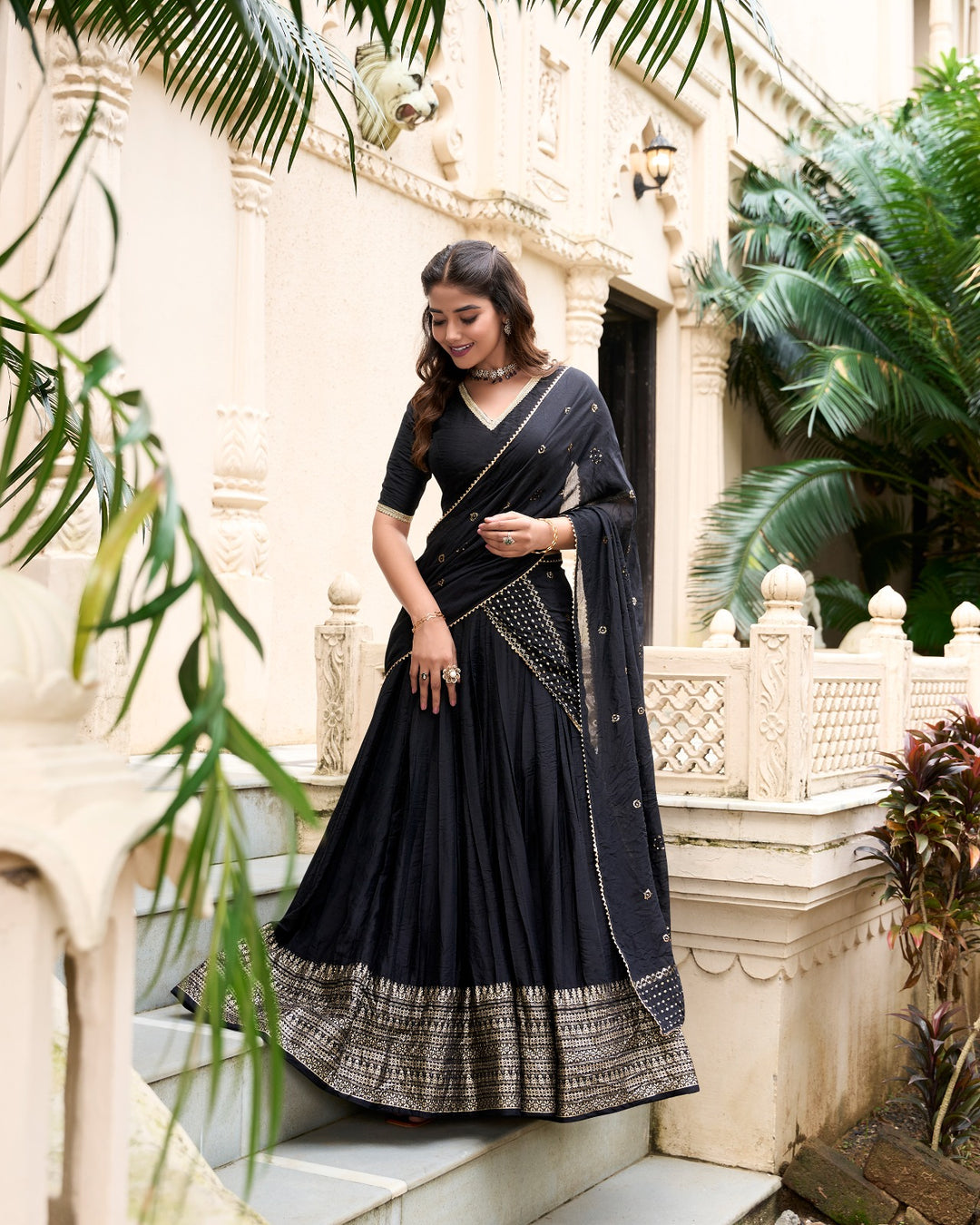 Pure Chanderi Plain Lehenga with Intricate Zari Work Border, Accompanied by Sequin Embellished Dupatta