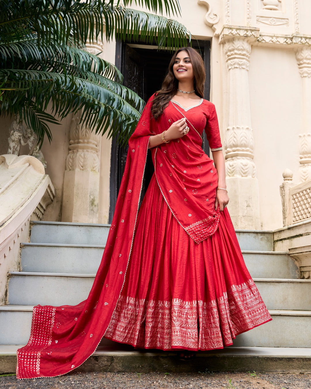 Pure Chanderi Plain Lehenga with Intricate Zari Work Border, Accompanied by Sequin Embellished Dupatta