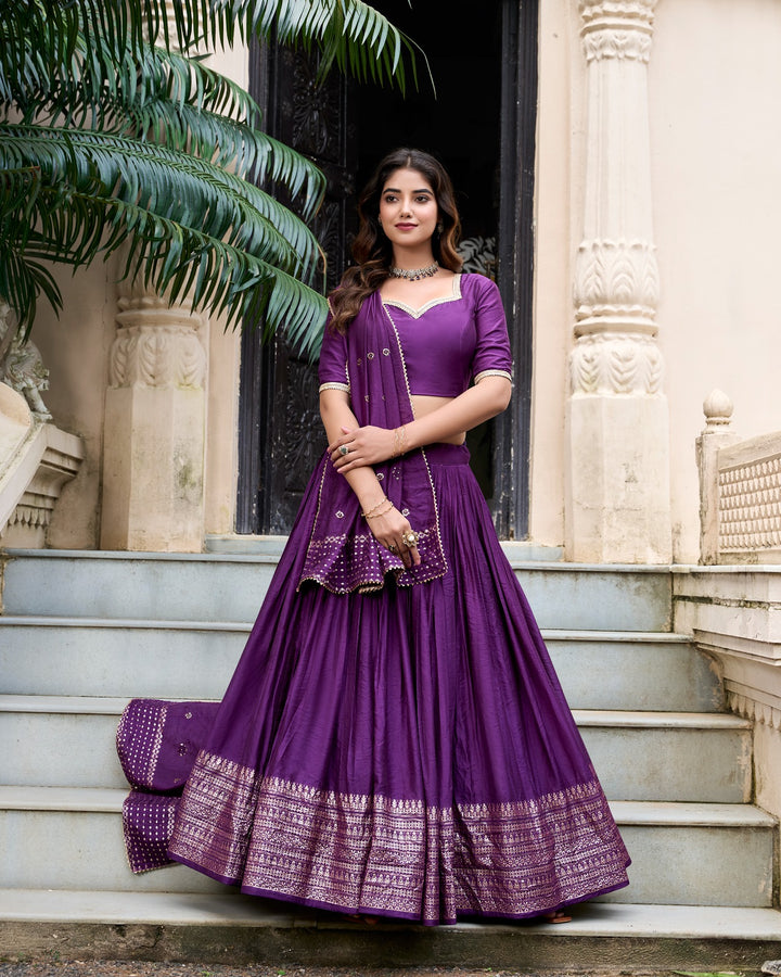 Pure Chanderi Plain Lehenga with Intricate Zari Work Border, Accompanied by Sequin Embellished Dupatta