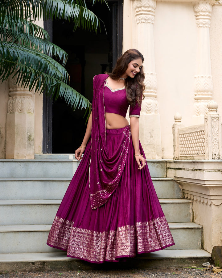 Pure Chanderi Plain Lehenga with Intricate Zari Work Border, Accompanied by Sequin Embellished Dupatta