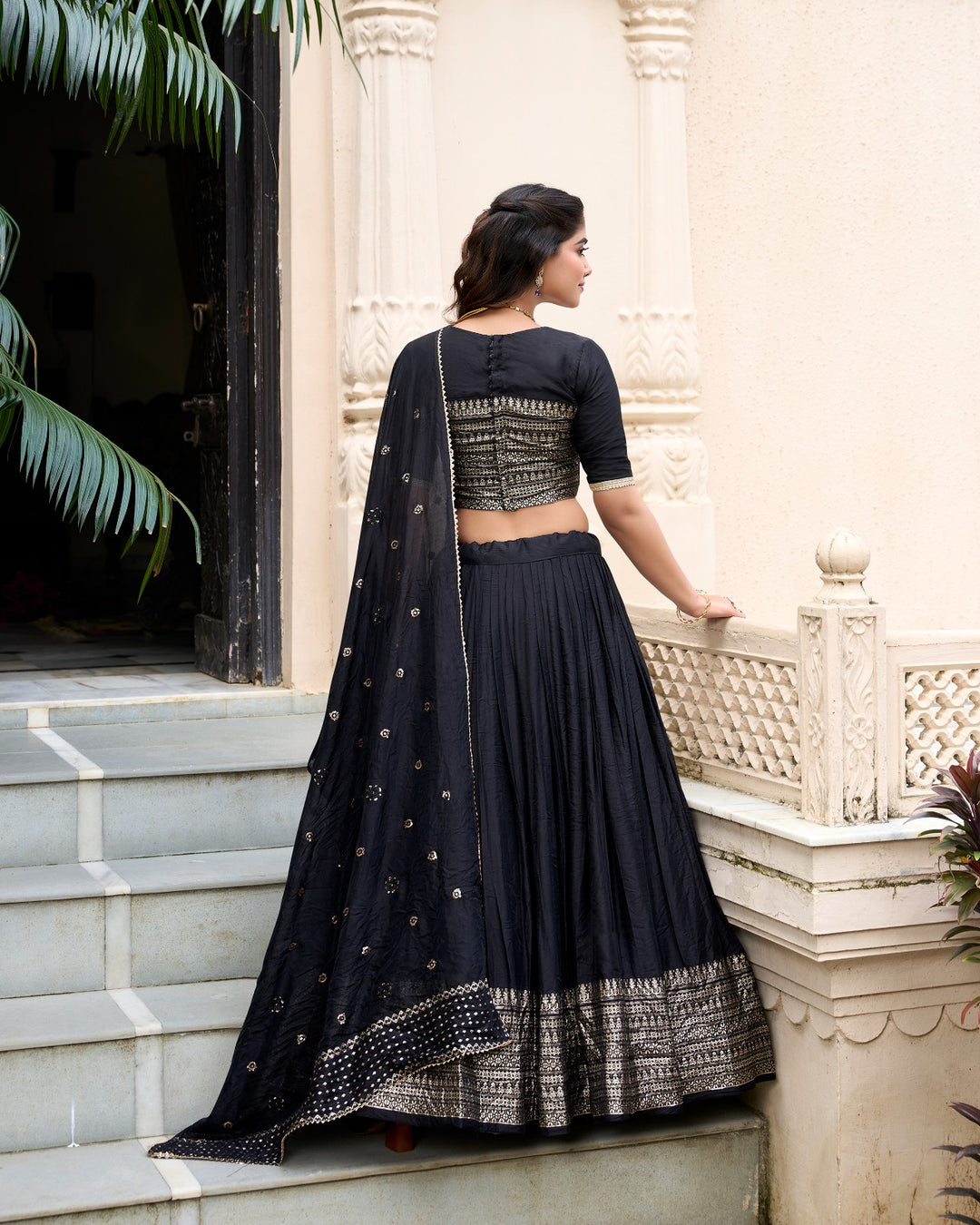 Pure Chanderi Plain Lehenga with Intricate Zari Work Border, Accompanied by Sequin Embellished Dupatta