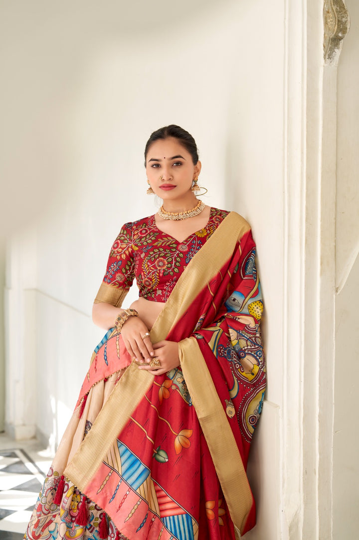 Dola Silk and the intricate charm of Kalamkari prints, the lehenga choli whispers tales of tradition and beauty