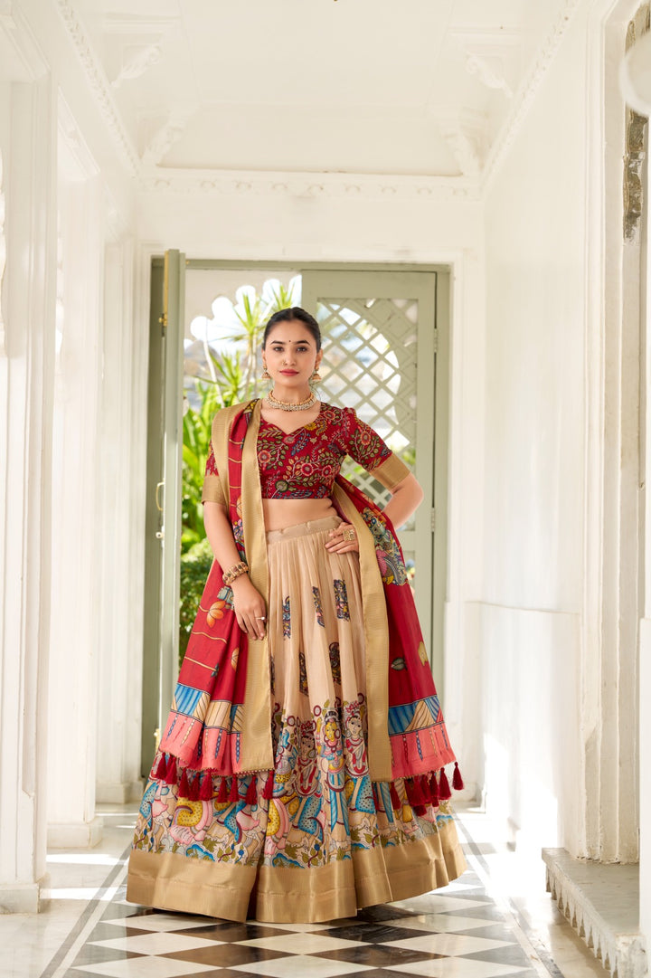 Dola Silk and the intricate charm of Kalamkari prints, the lehenga choli whispers tales of tradition and beauty