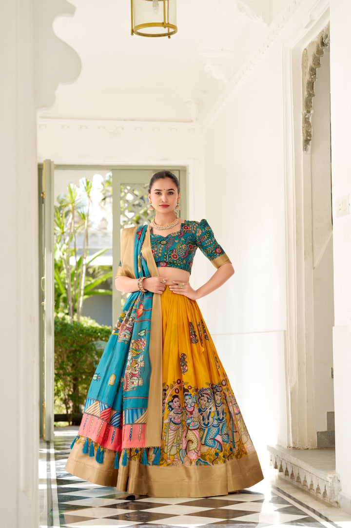 Dola Silk and the intricate charm of Kalamkari prints, the lehenga choli whispers tales of tradition and beauty