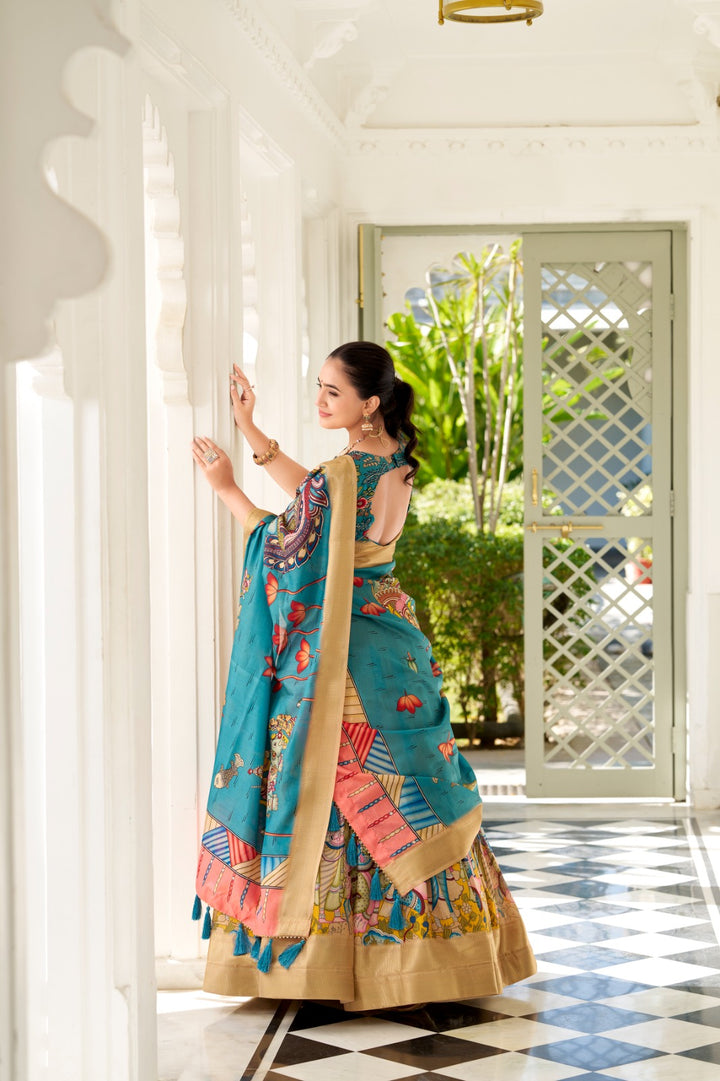 Dola Silk and the intricate charm of Kalamkari prints, the lehenga choli whispers tales of tradition and beauty