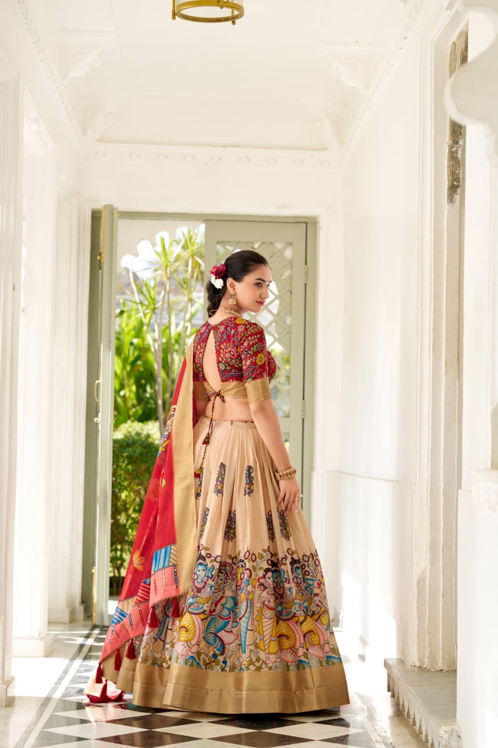 Dola Silk and the intricate charm of Kalamkari prints, the lehenga choli whispers tales of tradition and beauty